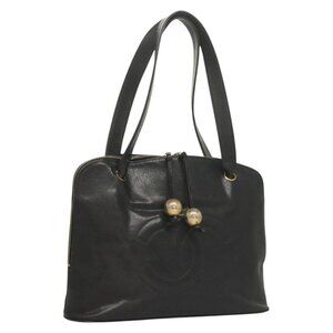 CHANEL COCO Mark Tote Bag Grained Calf Skin Black Gold CC Auth yk18607
